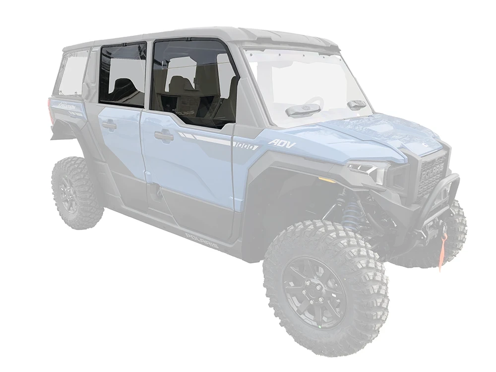 SCM door kit for Polaris Xpedition XP 5 and ADV 5: upper doors on a blue four-door UTV, faded front corner view