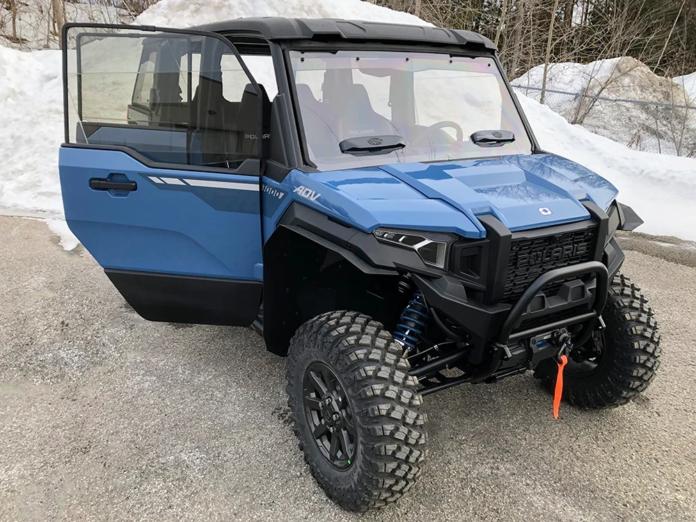 SCM door kit for Polaris Xpedition XP 5 and ADV 5: open front upper door on a blue UTV, front corner view