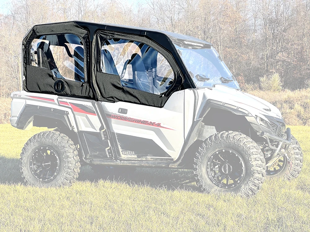 Spike door kit for Yamaha Wolverine X4 4-seat: door kit on a white four-seat UTV, faded side view