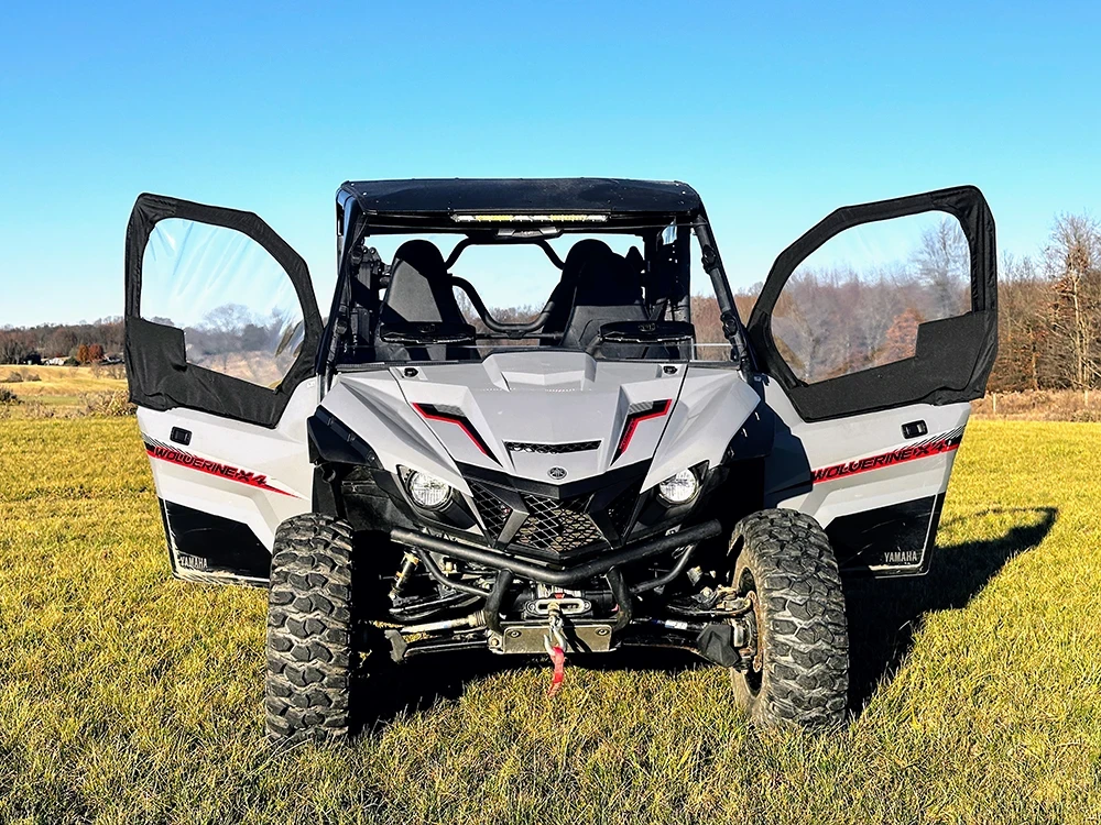 Spike door kit for Yamaha Wolverine X4 4-seat: both front doors open on a white UTV, front view