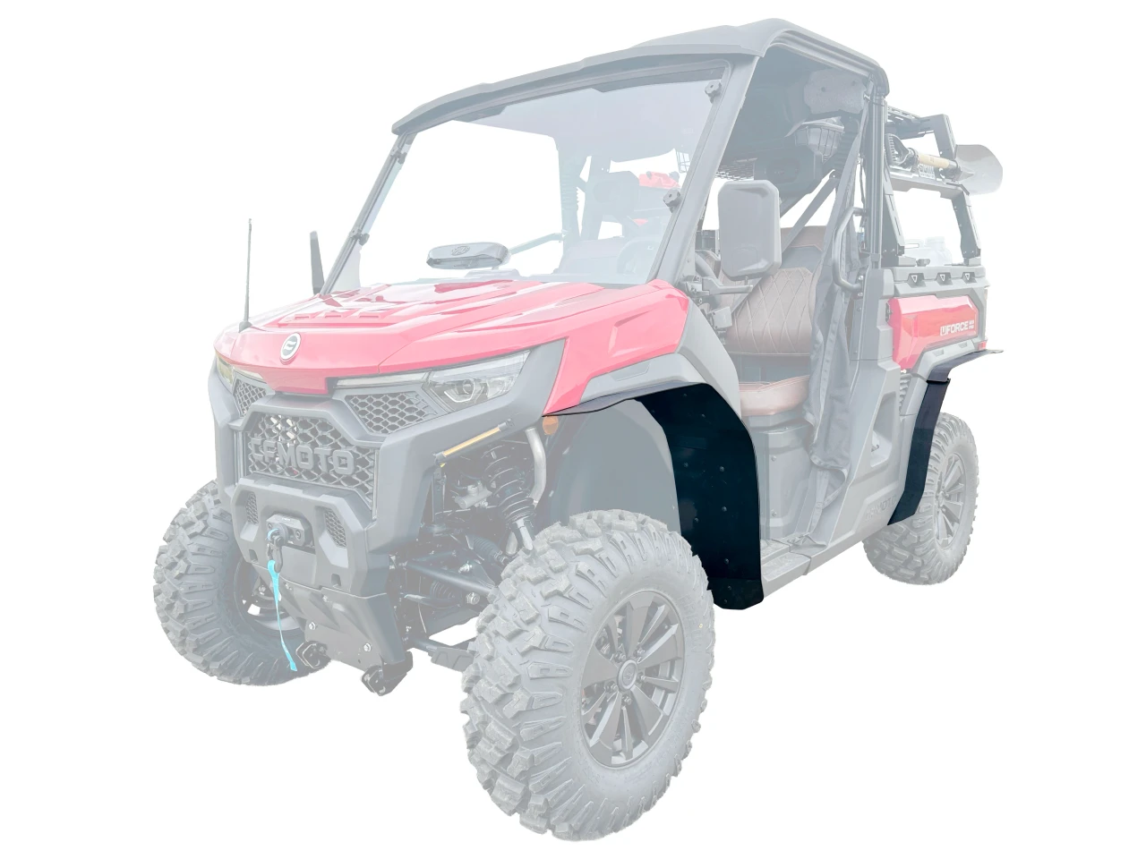 Spike fender flares for CF Moto UForce U10 Pro and U10 Pro XL: fender flares on a red UTV, faded front corner view