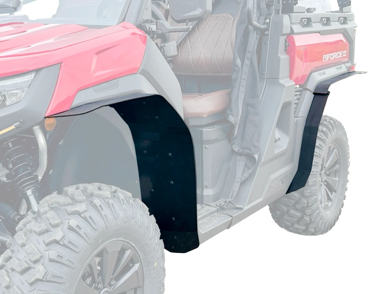 Spike fender flares for CF Moto UForce U10 Pro and U10 Pro XL: front fender flare on a red UTV, faded close-up