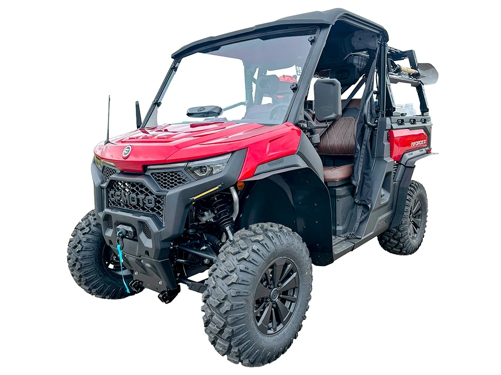 Spike fender flares for CF Moto UForce U10 Pro and U10 Pro XL: fender flares on a red UTV, front corner view