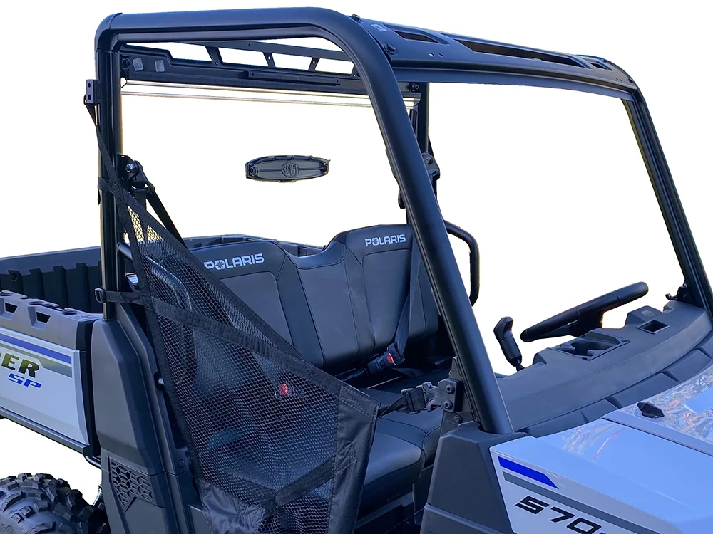 Spike rear windshield for Polaris Ranger Mid-Size standard and Crew: rear windshield on a white Polaris UTV, rear corner...