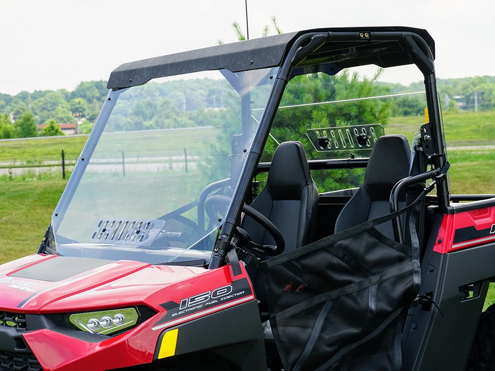 Spike roof and windshield combo for Polaris Ranger 150 Youth: roof and vented windshield on a red youth UTV, front corner