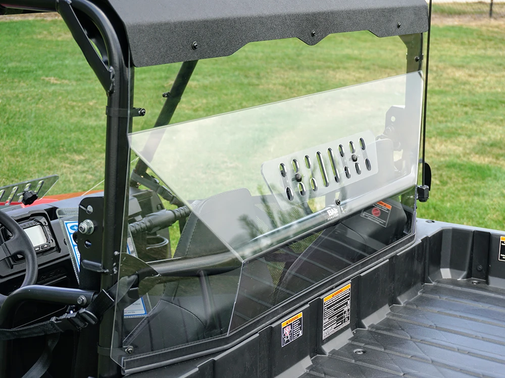 Spike roof and windshield combo for Polaris Ranger 150 Youth: close-up of the windshield vent strip from the side