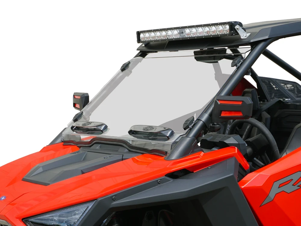 Spike windshield for Polaris RZR Pro XP 2- and 4-seat and Turbo R 2: vented windshield on a red UTV with light bar, front...