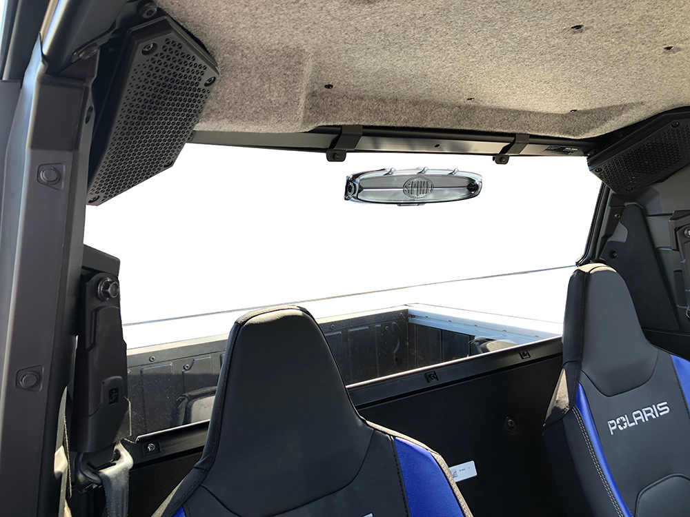 Spike rear windshield for Polaris Xpedition XP: rear windshield behind Polaris seats, interior view