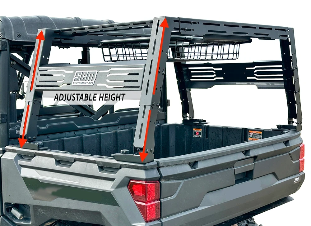SCM bed rack for CF Moto UForce 1000 and UForce 1000 XL: bed rack on a UTV with adjustable-height arrows, rear view