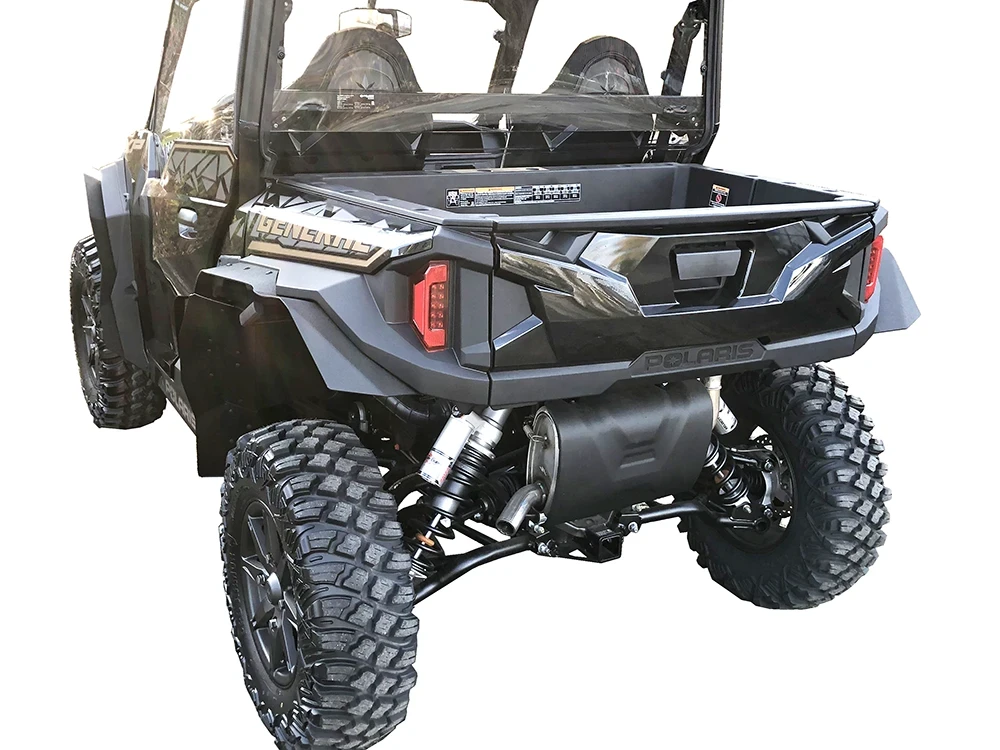 Spike fender flares for Polaris General XP 1000 2- and 4-seat: rear fender flares on a black UTV, rear corner view