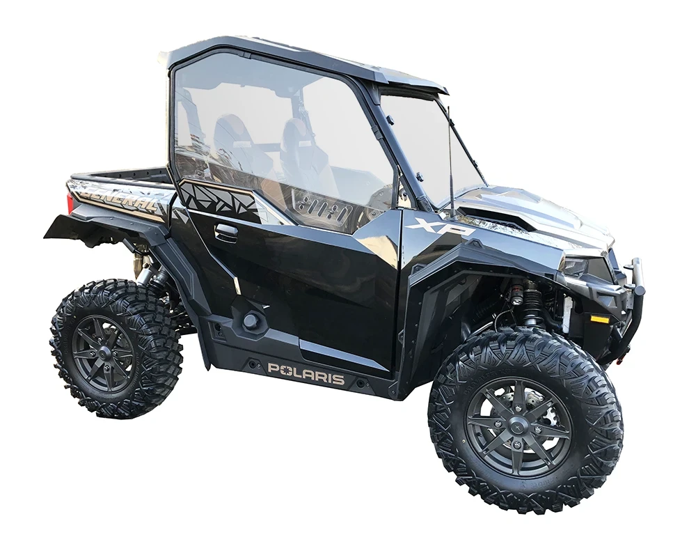 Spike fender flares for Polaris General XP 1000 2- and 4-seat: fender flares on a black Polaris UTV, side view