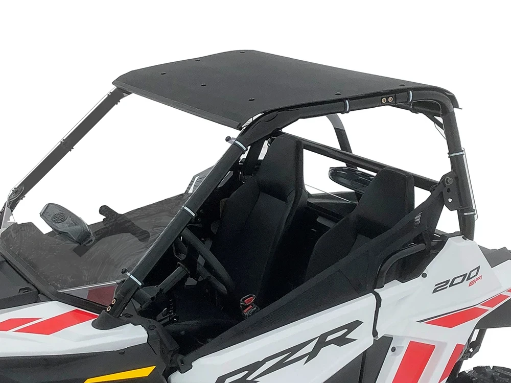 Spike roof and windshield combo for Polaris RZR 200 youth: roof and windshield on a white youth Polaris RZR, high side view