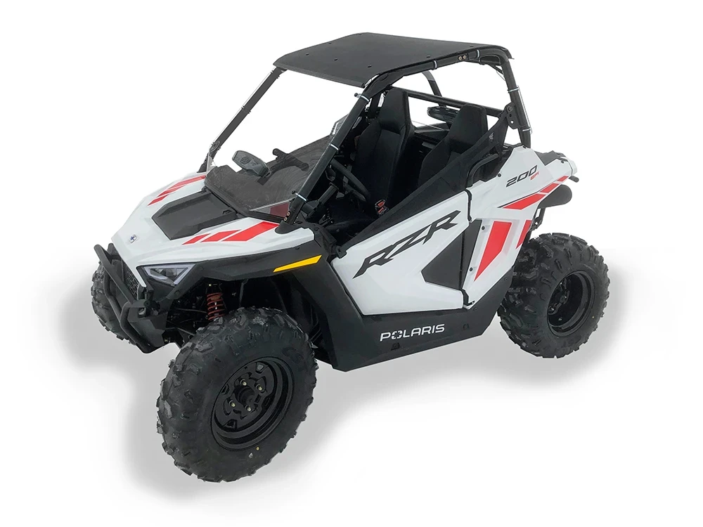 Spike roof and windshield combo for Polaris RZR 200 youth: roof and windshield on a white youth Polaris RZR, front corner