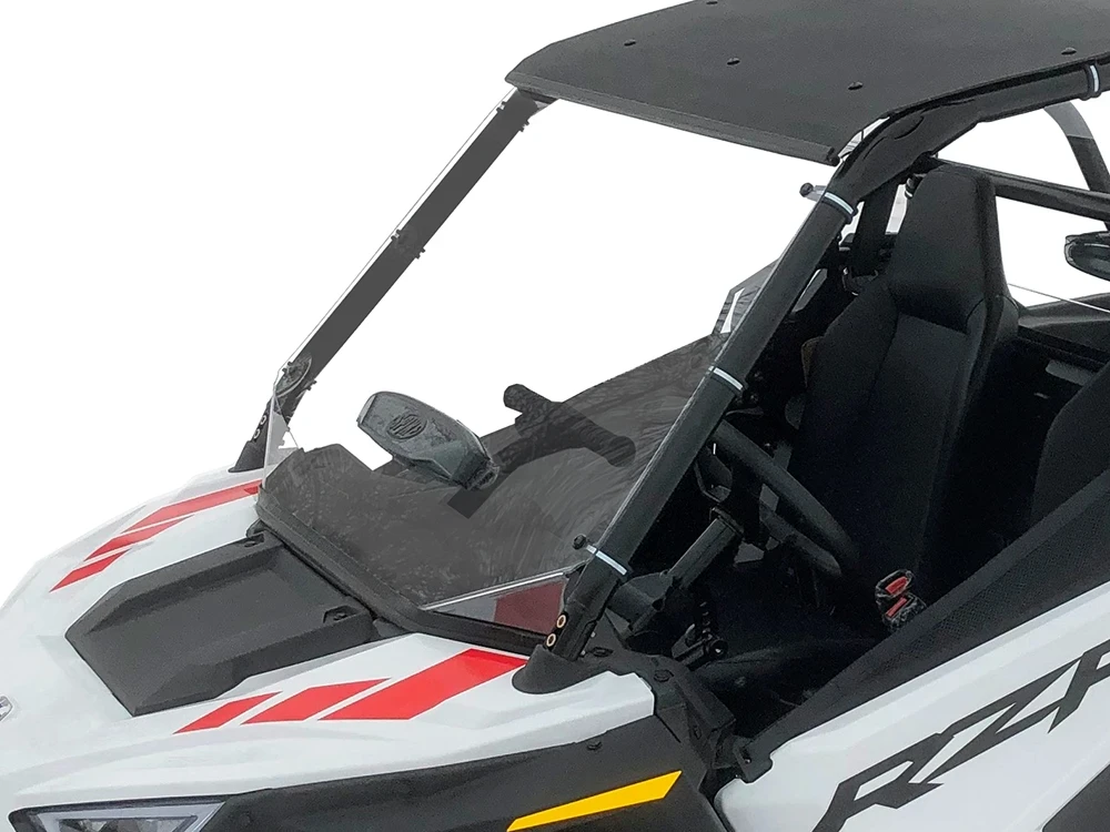Spike roof and windshield combo for Polaris RZR 200 youth: windshield and roof on a white Polaris RZR, close side view