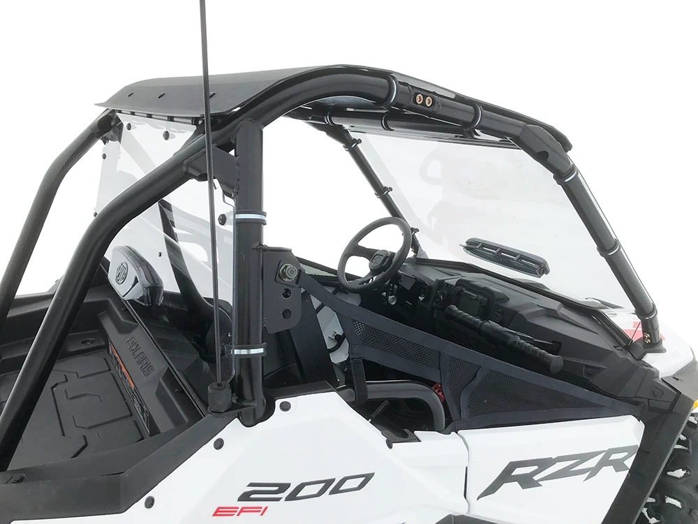 Spike roof and windshield combo for Polaris RZR 200 youth: roof and windshield on a white Polaris RZR, rear corner view