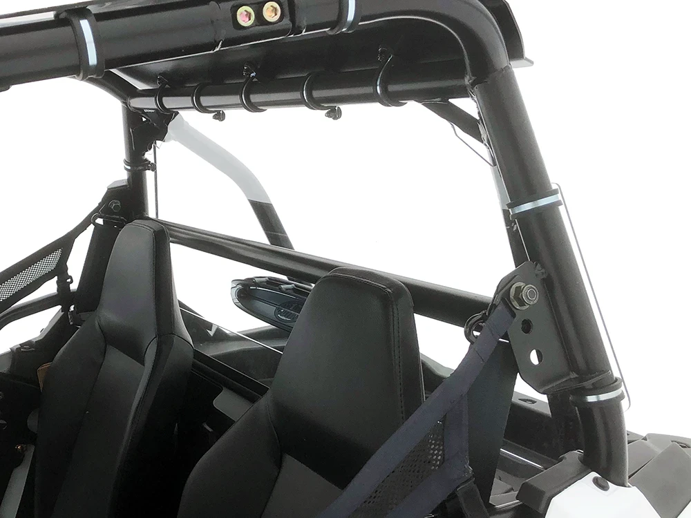 Spike roof and windshield combo for Polaris RZR 200 youth: roof mounted on the roll cage, rear interior close-up