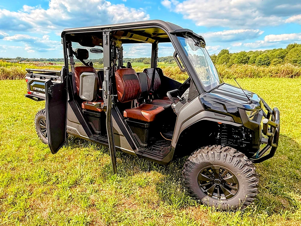 SCM door kit for CF Moto UForce U10 Pro XL four-door: half doors on a black crew UTV, one open, in a field