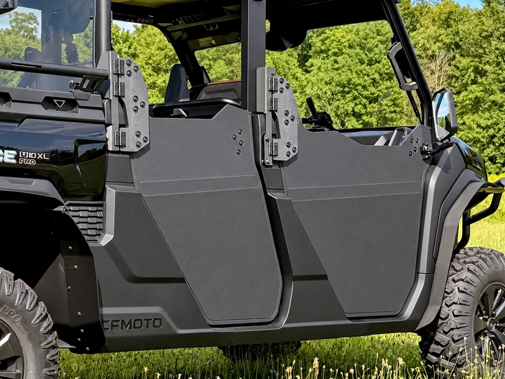 SCM door kit for CF Moto UForce U10 Pro XL four-door: half doors on a black CFMOTO crew UTV, side close-up