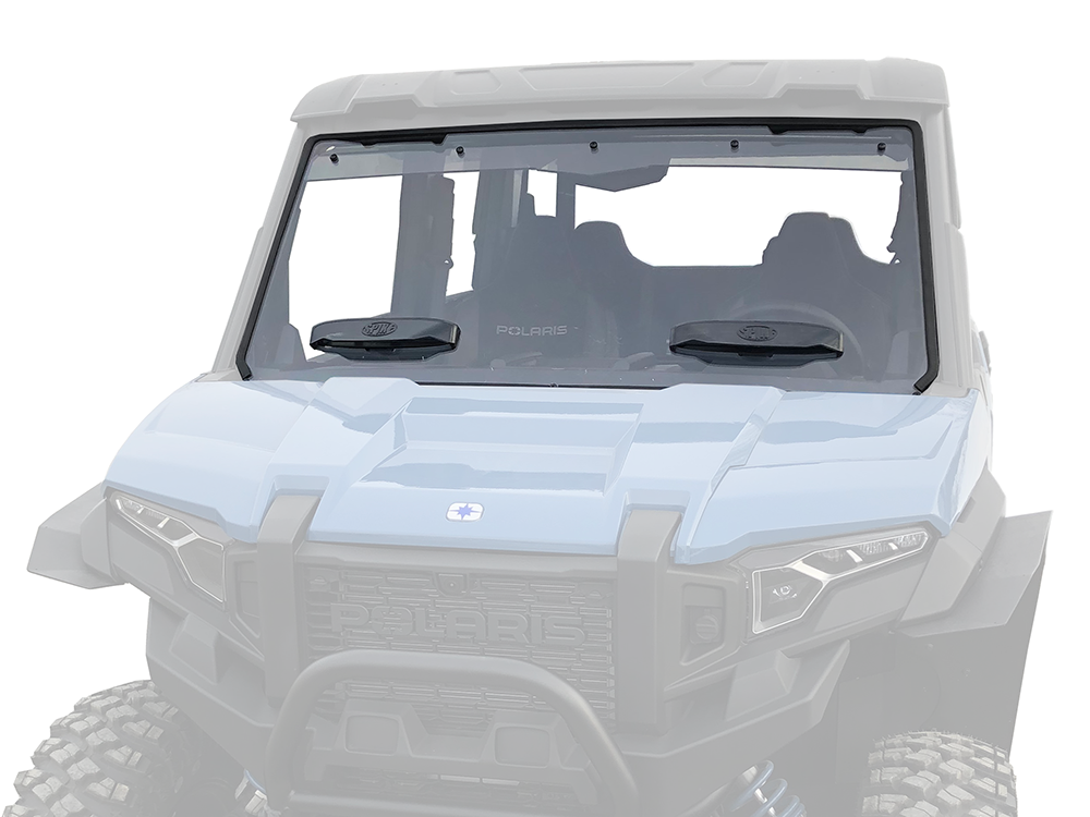 Spike windshield for Polaris Xpedition: vented windshield on a faded blue UTV, front view