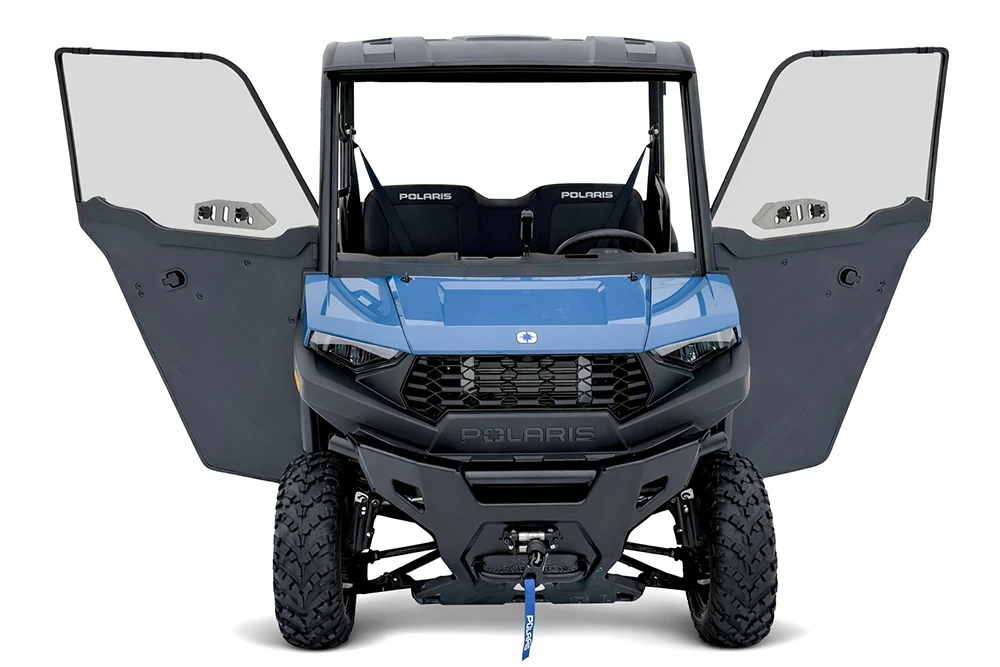 SCM door kit for Polaris Ranger SP 570 2-door: both doors open on a blue Polaris UTV, front view