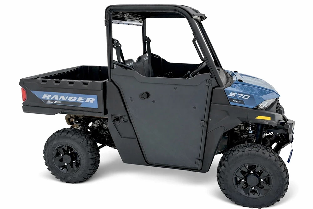 SCM door kit for Polaris Ranger SP 570 2-door: lower half door on a blue Polaris Ranger, side view