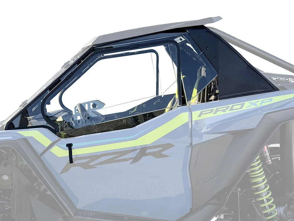 SCM door kit for Polaris RZR Pro XP and Pro S 2-seat: upper door on a faded Polaris RZR Pro XP, side close-up
