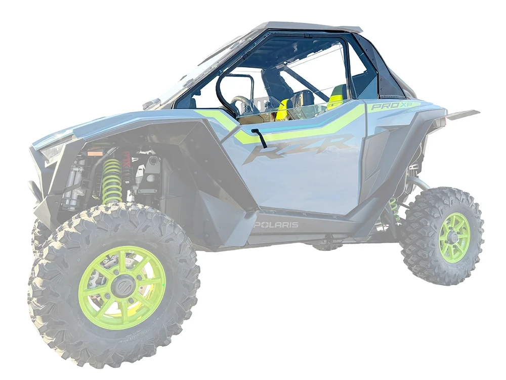 SCM door kit for Polaris RZR Pro XP and Pro S 2-seat: upper doors on a faded grey Polaris RZR, front corner view