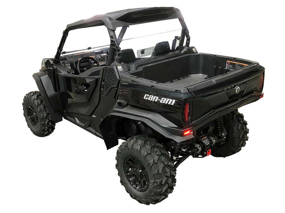 Spike fender flares for Can-Am Commander and Commander MAX: fender flares on a black Can-Am, rear corner view