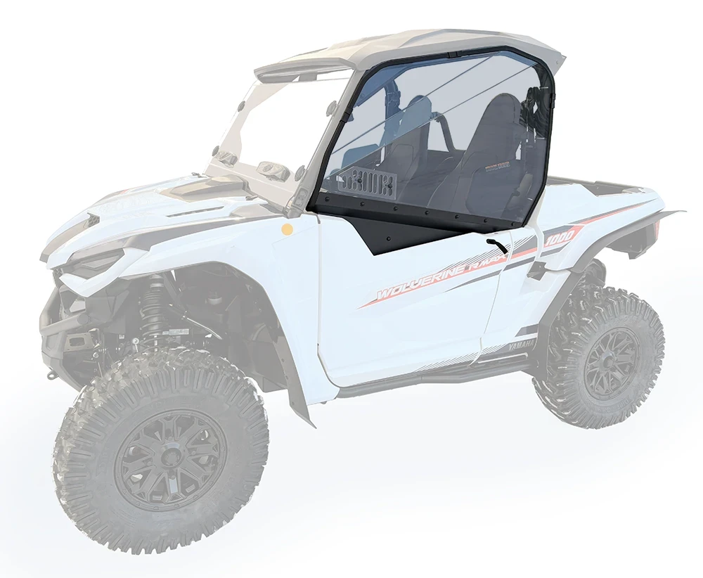 SCM door kit for Yamaha Wolverine RMAX2 1000 and X2 850: tinted upper door on a faded white UTV, front corner