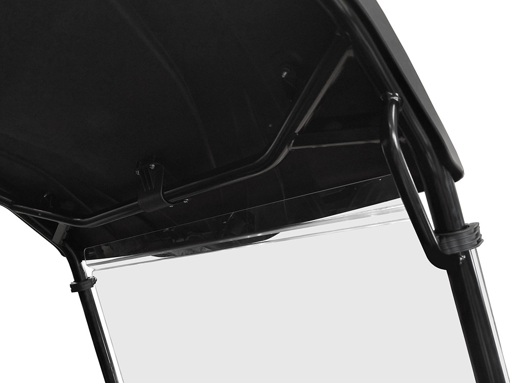 Spike windshield for CFMOTO UForce 500 and 800 with the round tube cage: close-up of the windshield top edge at the roof