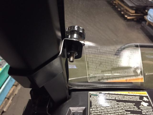Close-up of the Extreme Metal Products windshield clamp knob on the Polaris Ranger 570 cage