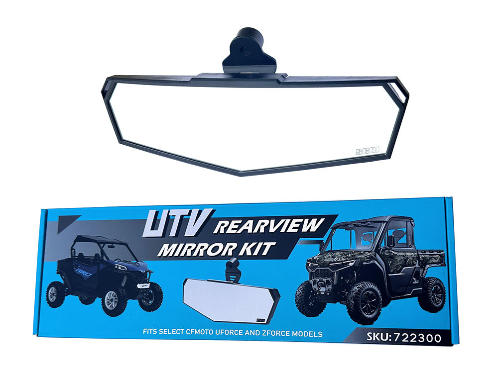 SCM mirror for CF Moto UForce 1000/1000 XL: rearview mirror and its retail box on white