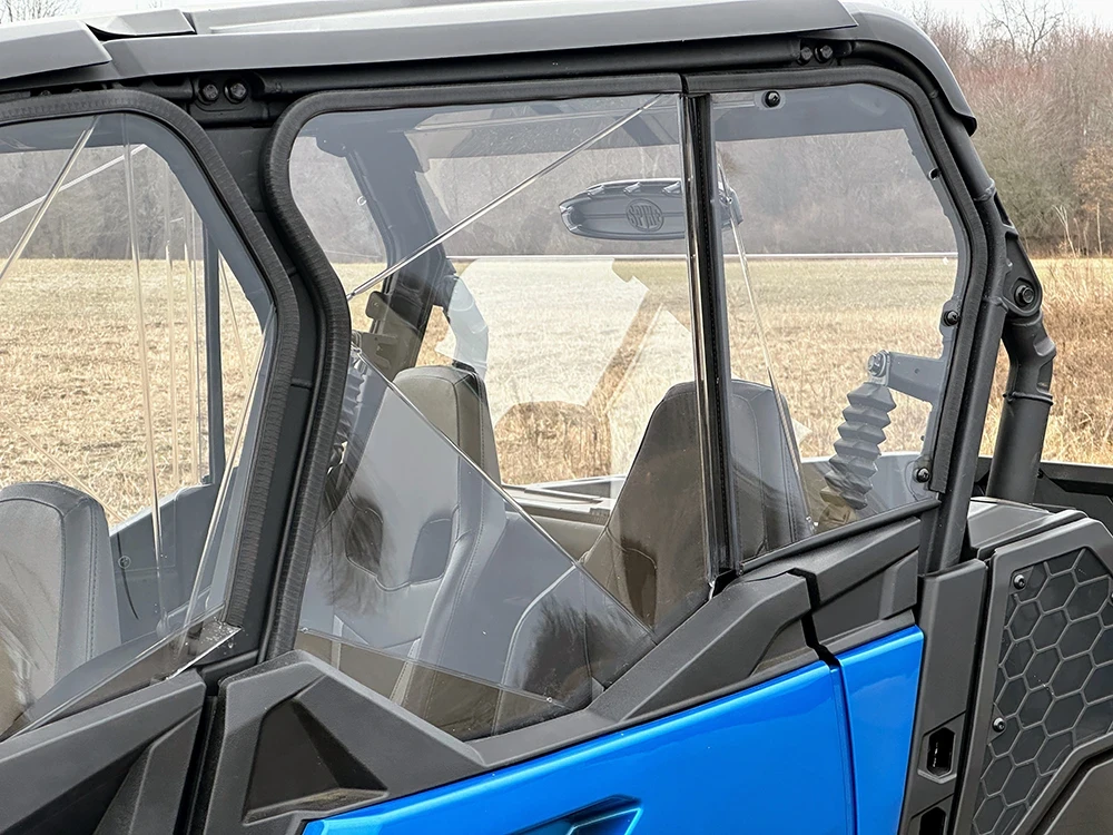 SCM door kit for Can-Am Commander MAX 4-seat: rear upper door on a blue UTV, side close-up