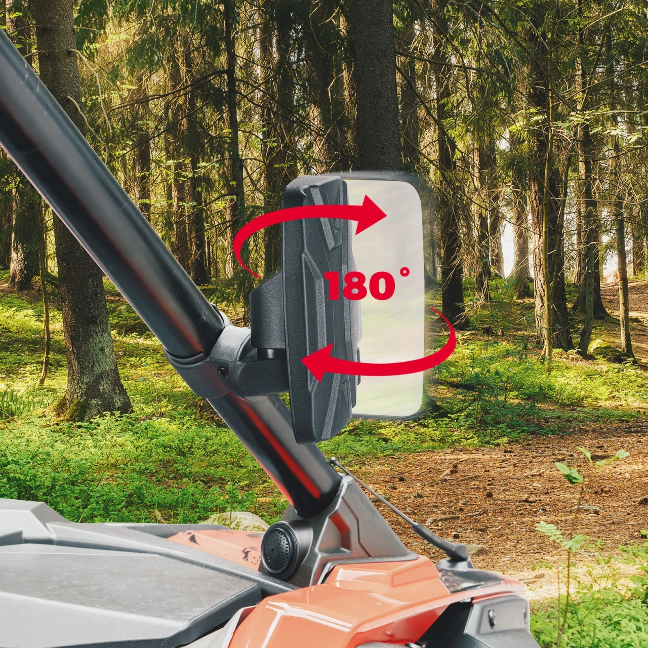 SCM mirrors for 1.75"-2.00" round roll cages: side mirror on a roll bar with 180-degree rotation arrow