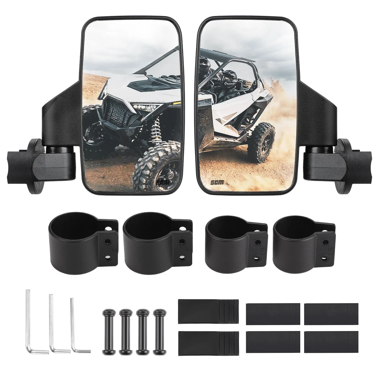 SCM mirrors for 1.75"-2.00" round roll cages: side mirrors with clamps, bolts and pads laid out