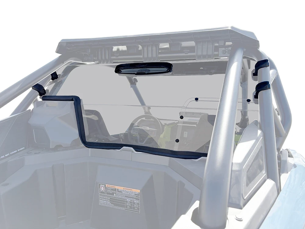 Spike rear windshield for Polaris RZR Pro XP and Pro S 2-seat: rear windshield edge trim highlighted on a faded roll cage