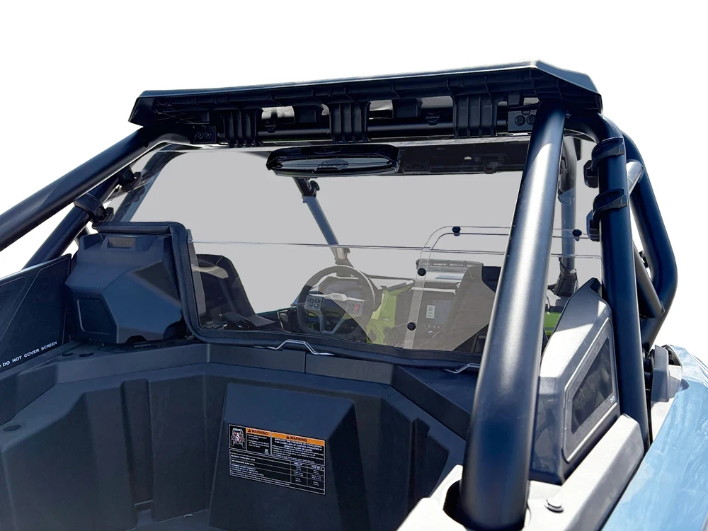 Spike rear windshield for Polaris RZR Pro XP and Pro S 2-seat: tinted rear windshield installed on a UTV cage, rear view