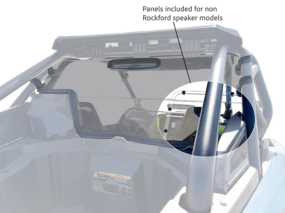 Spike rear windshield for Polaris RZR Pro XP and Pro S 2-seat: rear windshield on cage, callout of included side panels