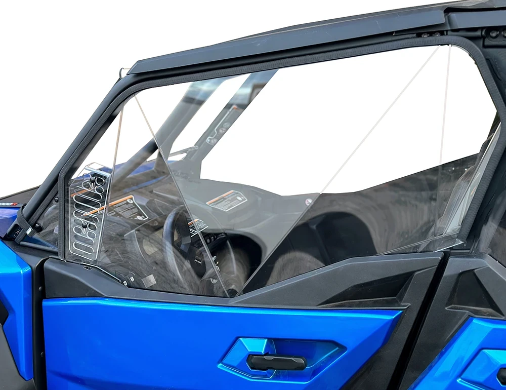 SCM door kit for Can-Am Maverick Sport 2-seat: clear vented upper door on a blue UTV, side close-up