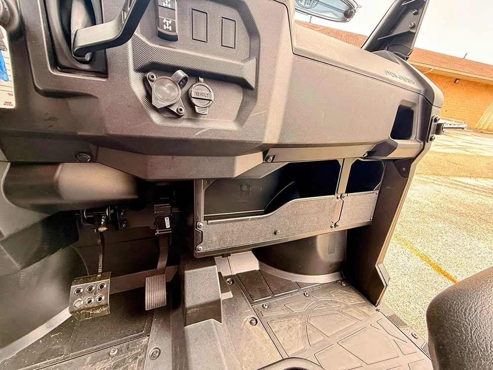SCM dash panel kit for Polaris Ranger 500: lower dash panels installed, wide view of the footwell