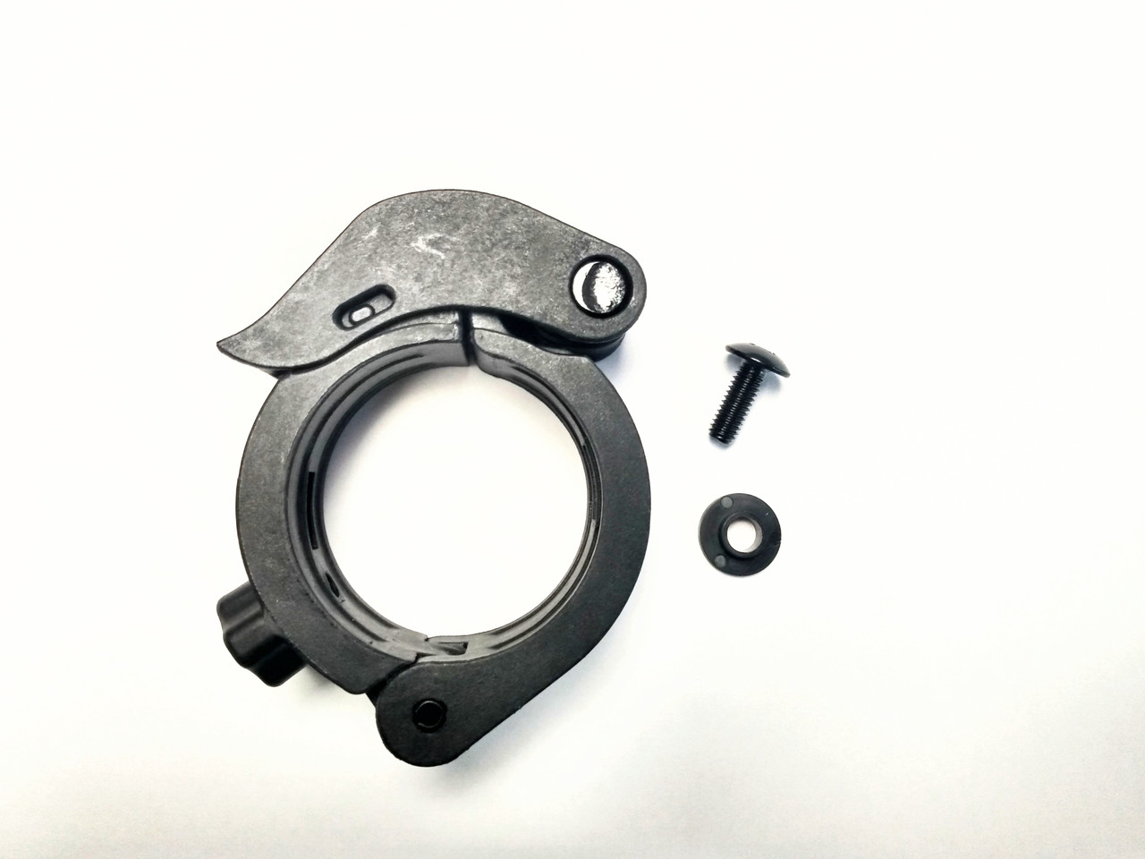 Spike replacement part for Spike windshields and roofs on 1 3/4": black flip clamp with bolt and nut on white background