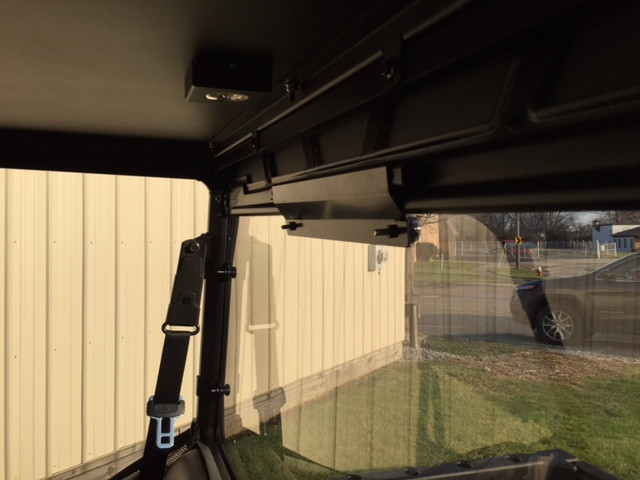 View from inside the Polaris Ranger Mid Size cab showing the Extreme Metal Products rear window and roof underside