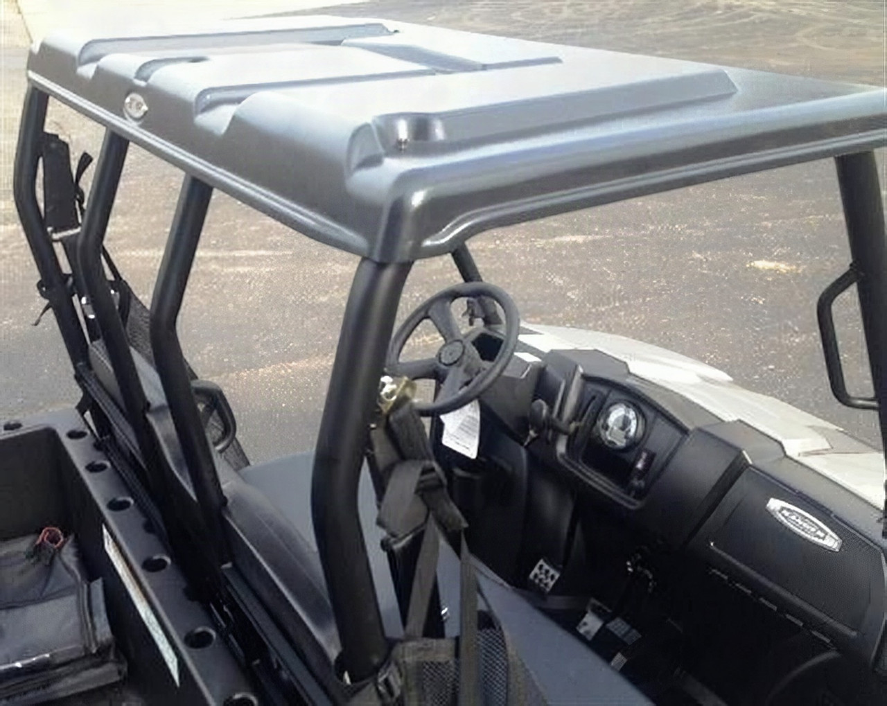 Extreme Metal Products black plastic roof installed on a Polaris Ranger Mid-Size, view over the cab from the front side