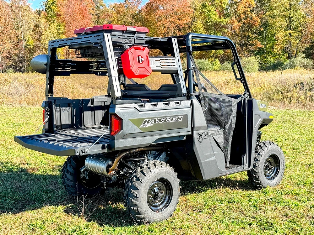 SCM cargo rack for Polaris Ranger XP 1000: cargo rack on a Polaris Ranger carrying a red fuel can