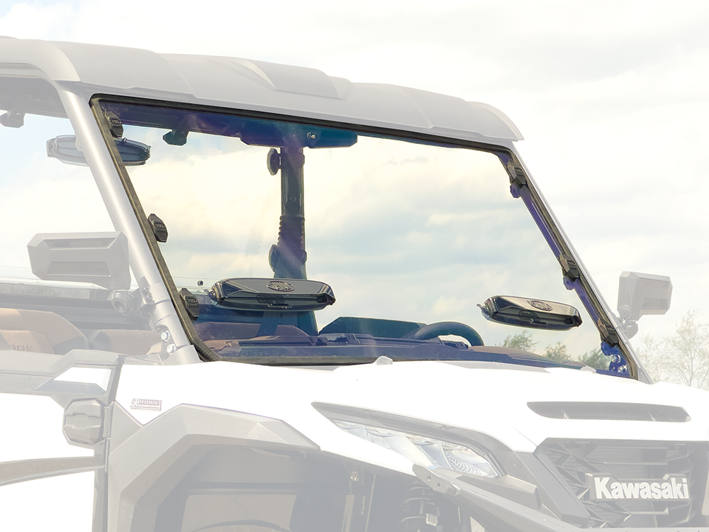 Spike windshield for Kawasaki Ridge: vented windshield highlighted on a faded white Kawasaki