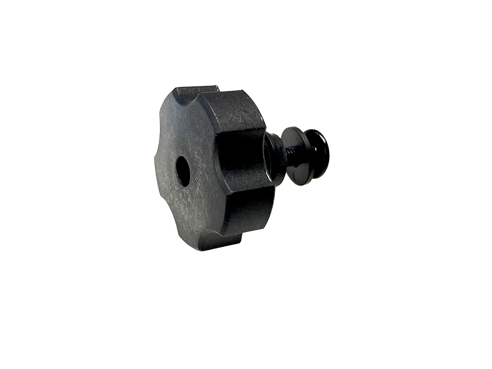 Spike replacement part for Spike slider vent windshields: black knob with threaded stud on white background