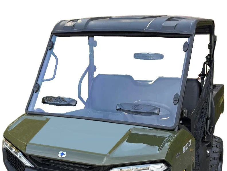 Spike windshield for Polaris Ranger 500: vented windshield on a green Polaris Ranger 500, front view on white