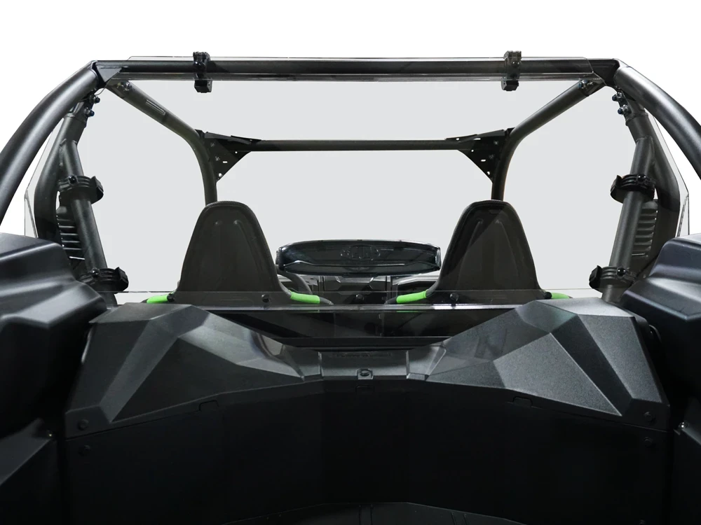 Spike rear windshield for Kawasaki KRX 1000 2-seat: clear rear windshield on a UTV cage, straight rear view