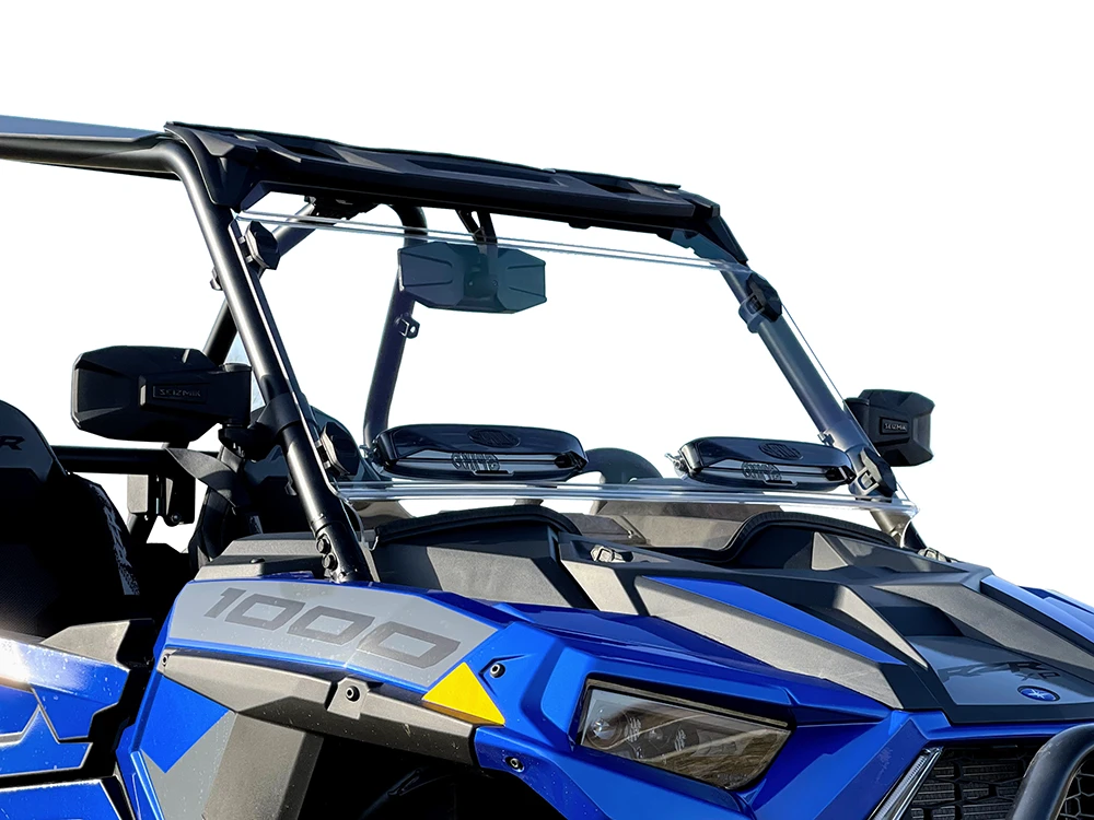 Spike windshield for Polaris RZR XP 1000: vented windshield on a blue Polaris RZR 1000, front corner view