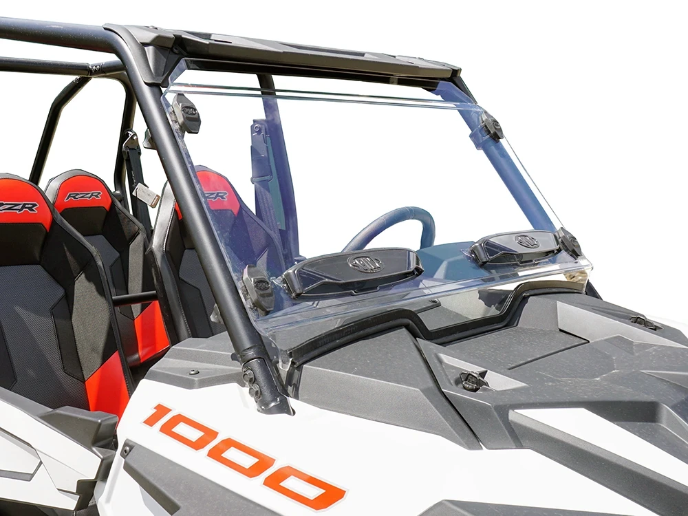 Spike windshield for Polaris RZR XP 1000: vented windshield on a white Polaris RZR 1000, front corner view